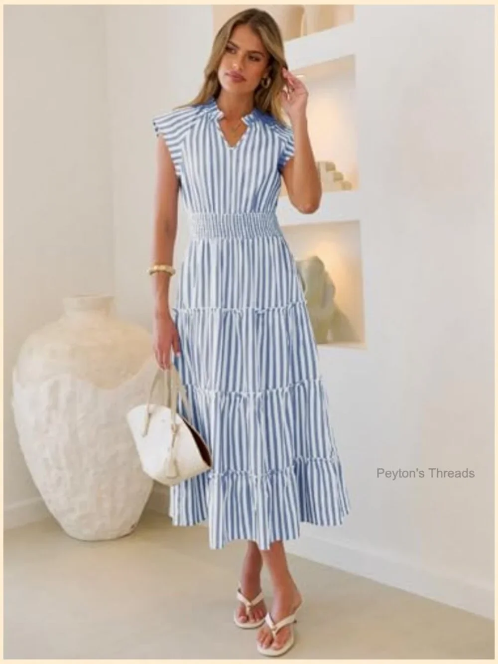 Women's Summer Maxi Dress V-Neck Cap Sleeve Gingham Striped Flowey Tiered Midi - Picture 2 of 7